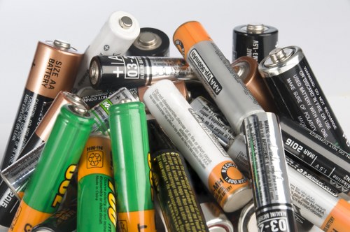A close-up image showing a pile of used batteries of various types and sizes, including AA, AAA, and smaller button cell batteries, with different colours such as black, silver, green, orange, and white. The batteries are scattered on a flat surface, overlapping each other, with some showing their brand labels and specifications clearly visible. The textures range from smooth plastic and metallic surfaces to printed labels, with some batteries appearing slightly worn or used. This collection of batteries is positioned in the foreground, while the background is blurred and featureless, emphasizing the batteries themselves. The environment appears to be well-lit, highlighting the shiny metallic parts and vibrant colours of the batteries. This image is relevant to rubbish removal services like those provided by Commercial Waste Soho, which handles waste such as used batteries, often found in household or commercial waste disposal contexts, particularly within London areas associated with Soho and postcode central.